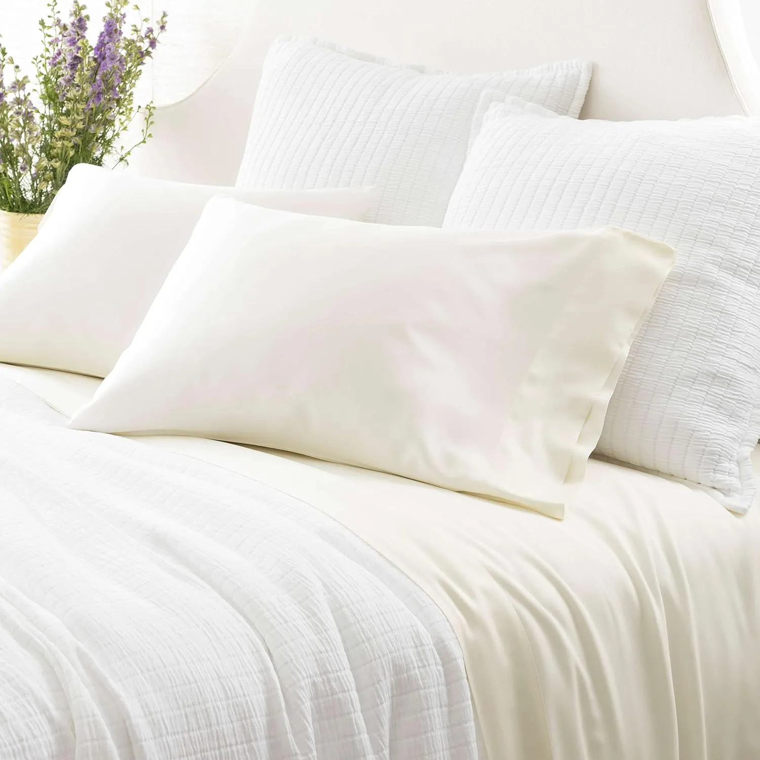 Silken Solid Ivory Sheet Set, King Size, Ivory Solid Pattern