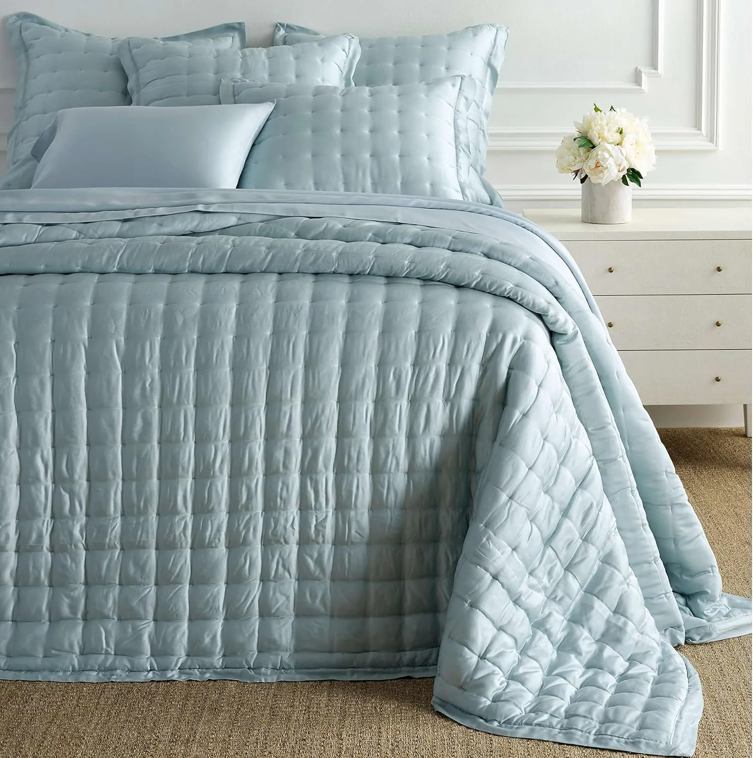 Silken Solid Robin's Egg Blue Puff Sham, Euro Size, Sky Blue Solid Pattern