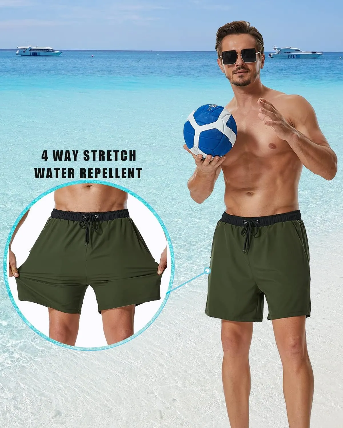 SILKWORLD Mens Swim Trunks with Compression Liner 2 in 1 Quick Dry Bathing Suit Beach Shorts with Zipper Pockets