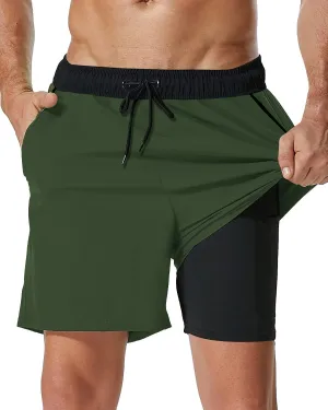 SILKWORLD Mens Swim Trunks with Compression Liner 2 in 1 Quick Dry Bathing Suit Beach Shorts with Zipper Pockets
