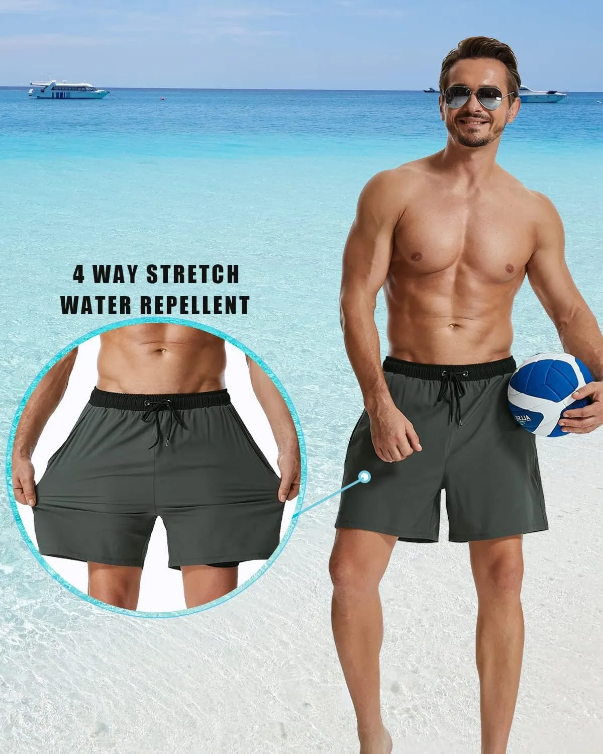 SILKWORLD Mens Swim Trunks with Compression Liner 2 in 1 Quick Dry Bathing Suit Beach Shorts with Zipper Pockets