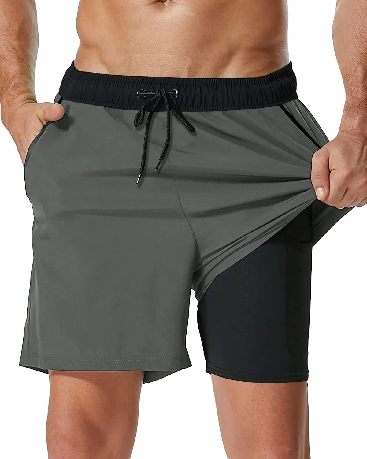SILKWORLD Mens Swim Trunks with Compression Liner 2 in 1 Quick Dry Bathing Suit Beach Shorts with Zipper Pockets