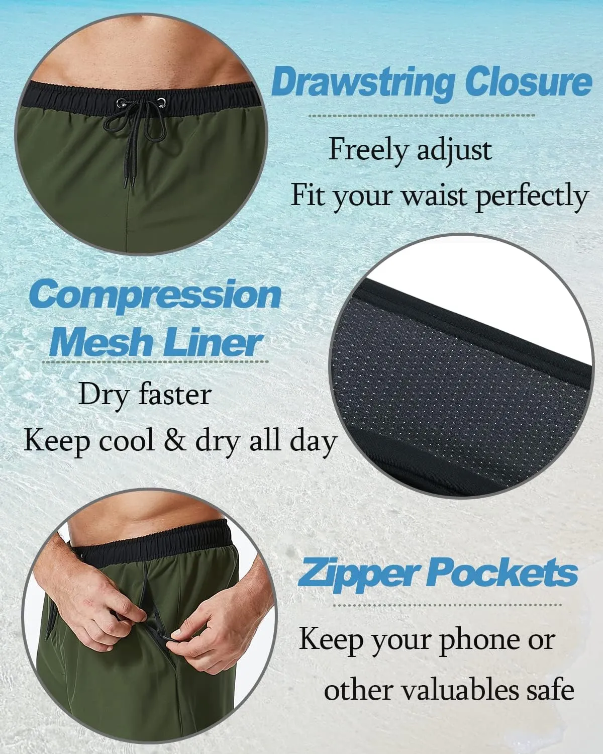 SILKWORLD Mens Swim Trunks with Compression Liner 2 in 1 Quick Dry Bathing Suit Beach Shorts with Zipper Pockets