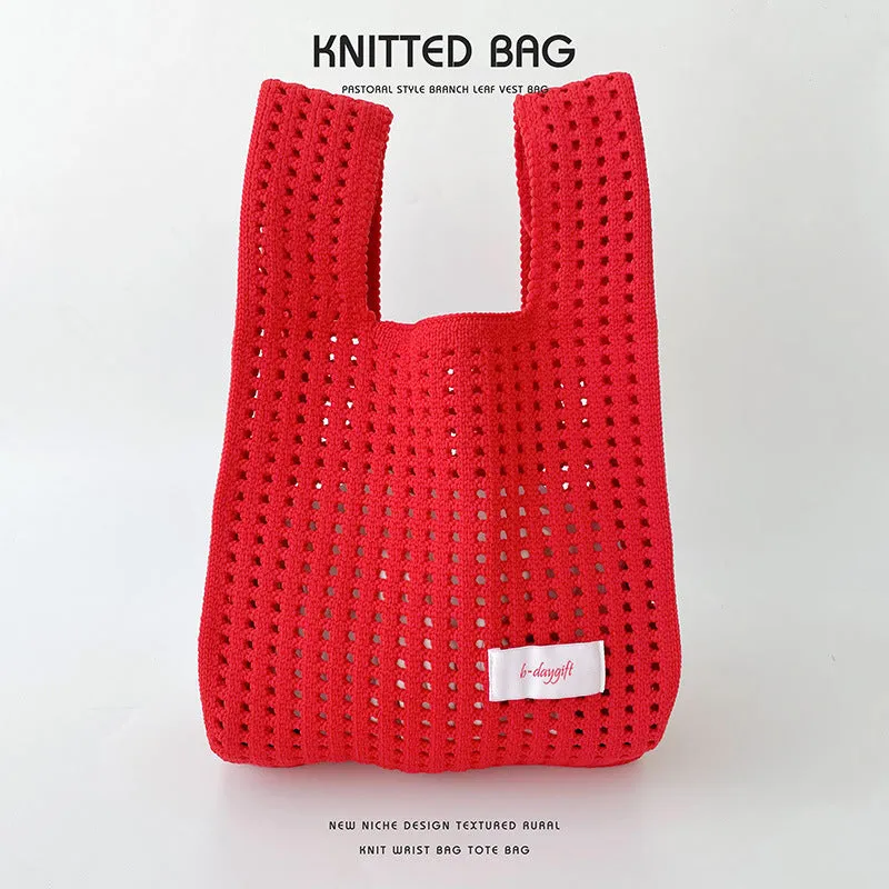 Simple Solid Color Knitted Hollow Hand Shoulder Bags