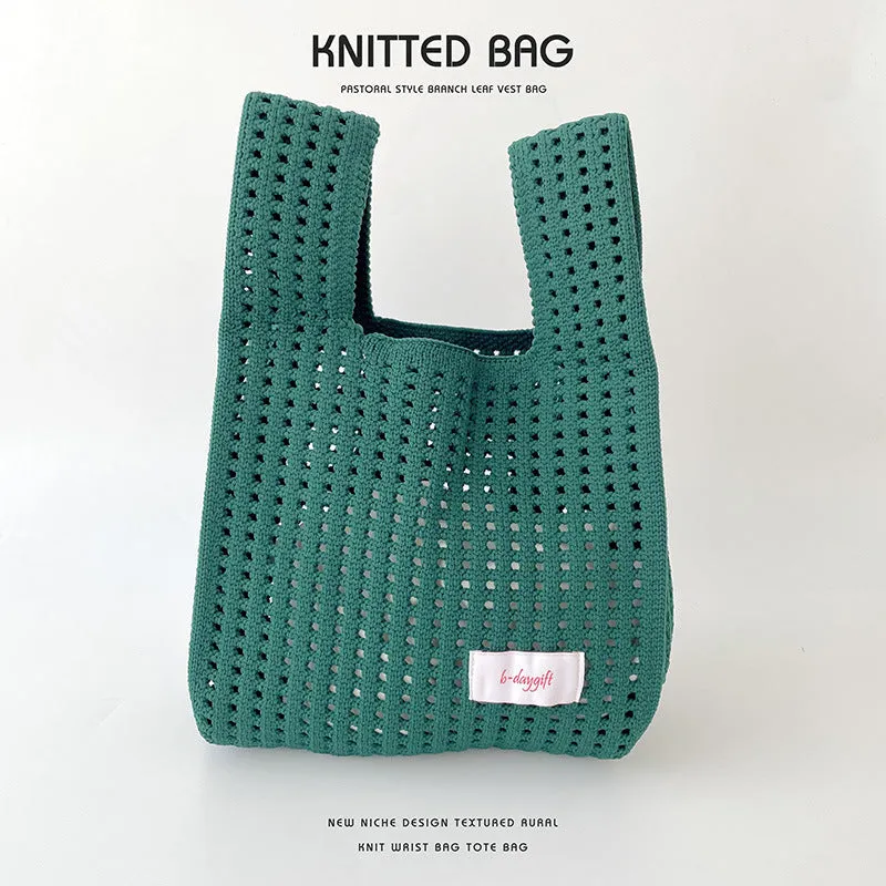 Simple Solid Color Knitted Hollow Hand Shoulder Bags