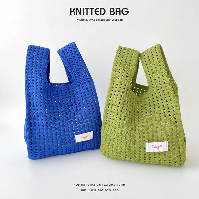 Simple Solid Color Knitted Hollow Hand Shoulder Bags