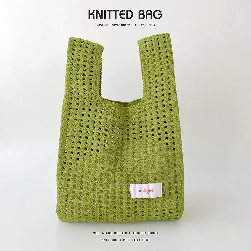 Simple Solid Color Knitted Hollow Hand Shoulder Bags