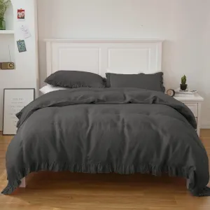 Simple&Opulence 100% Linen Duvet Cover Set, 3 PCS Natural French Flax Dark Grey Ruffle Duvet Cover Queen Size, Breathable Comfy Linen Bedding Comforter Cover with 2 Pillowcases (Dark Grey, 88" X 92")