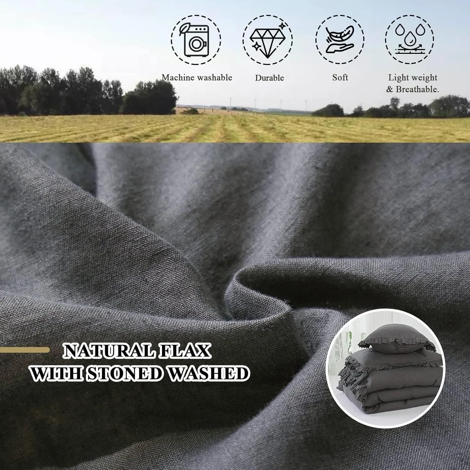 Simple&Opulence 100% Linen Duvet Cover Set, 3 PCS Natural French Flax Dark Grey Ruffle Duvet Cover Queen Size, Breathable Comfy Linen Bedding Comforter Cover with 2 Pillowcases (Dark Grey, 88" X 92")