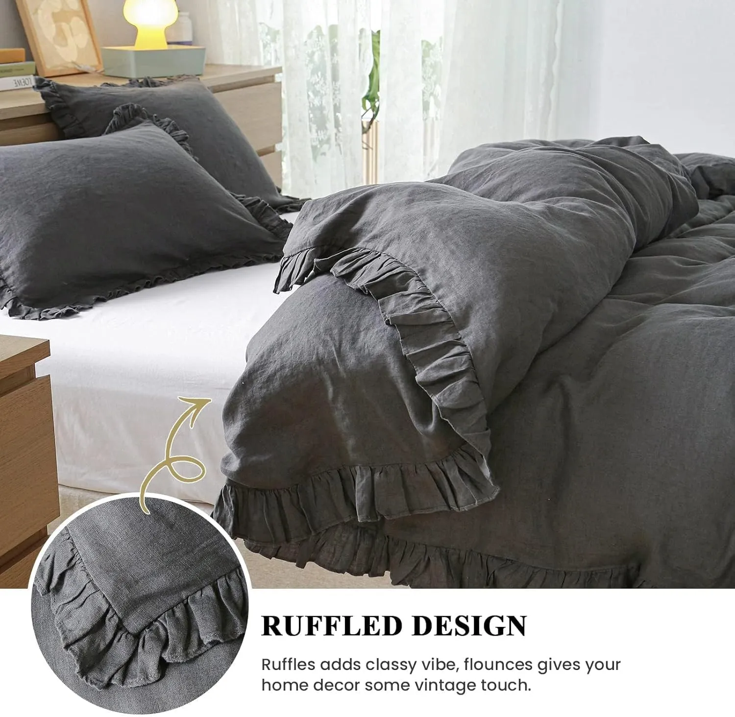 Simple&Opulence 100% Linen Duvet Cover Set, 3 PCS Natural French Flax Dark Grey Ruffle Duvet Cover Queen Size, Breathable Comfy Linen Bedding Comforter Cover with 2 Pillowcases (Dark Grey, 88" X 92")