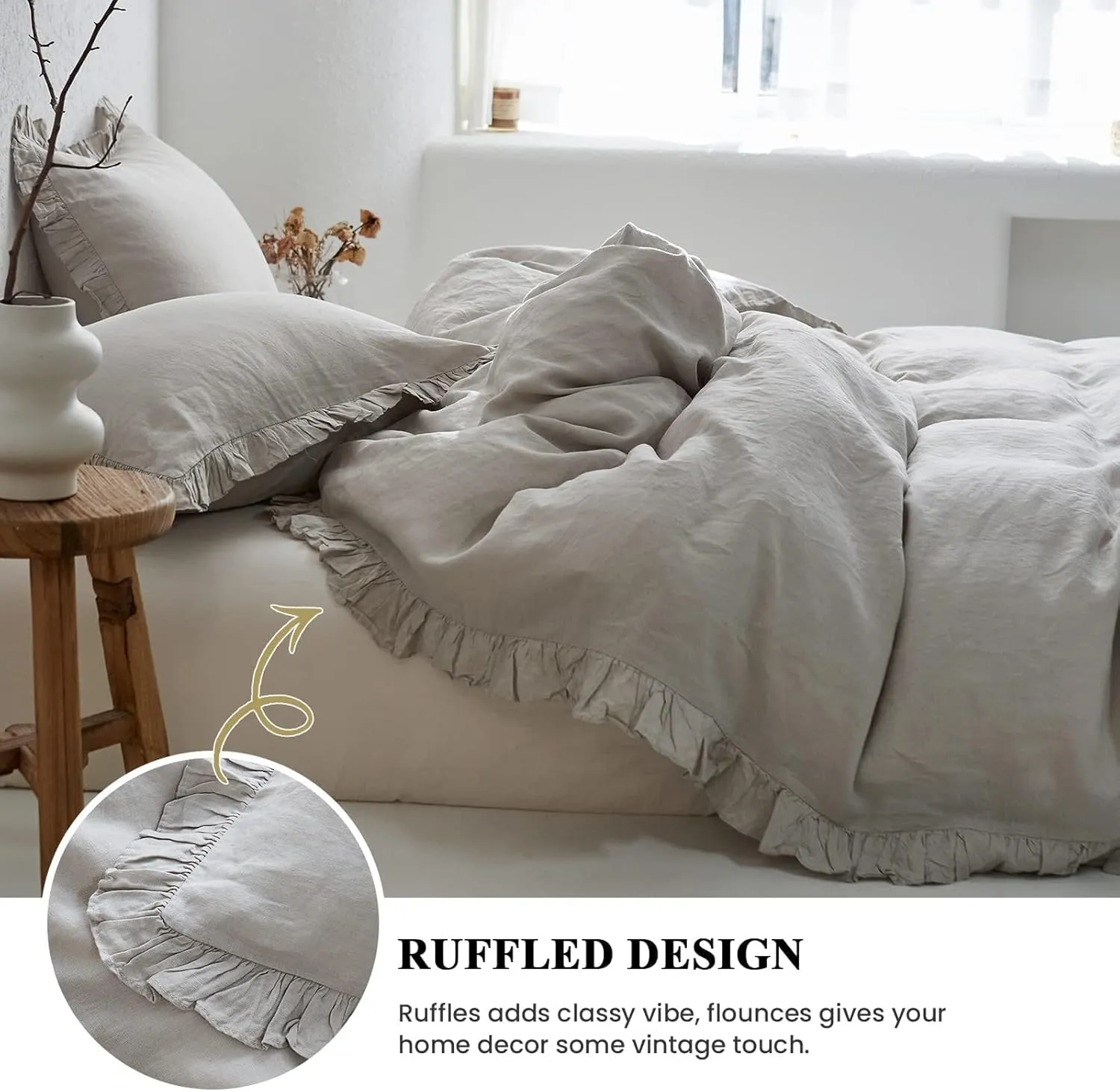 Simple&Opulence 100% Linen Duvet Cover Set, 3 PCS Natural French Flax Light Grey Ruffle Duvet Cover Full Size, Breathable Comfy Linen Bedding Comforter Cover with 2 Pillowcases (Light Grey, 78" X 86")