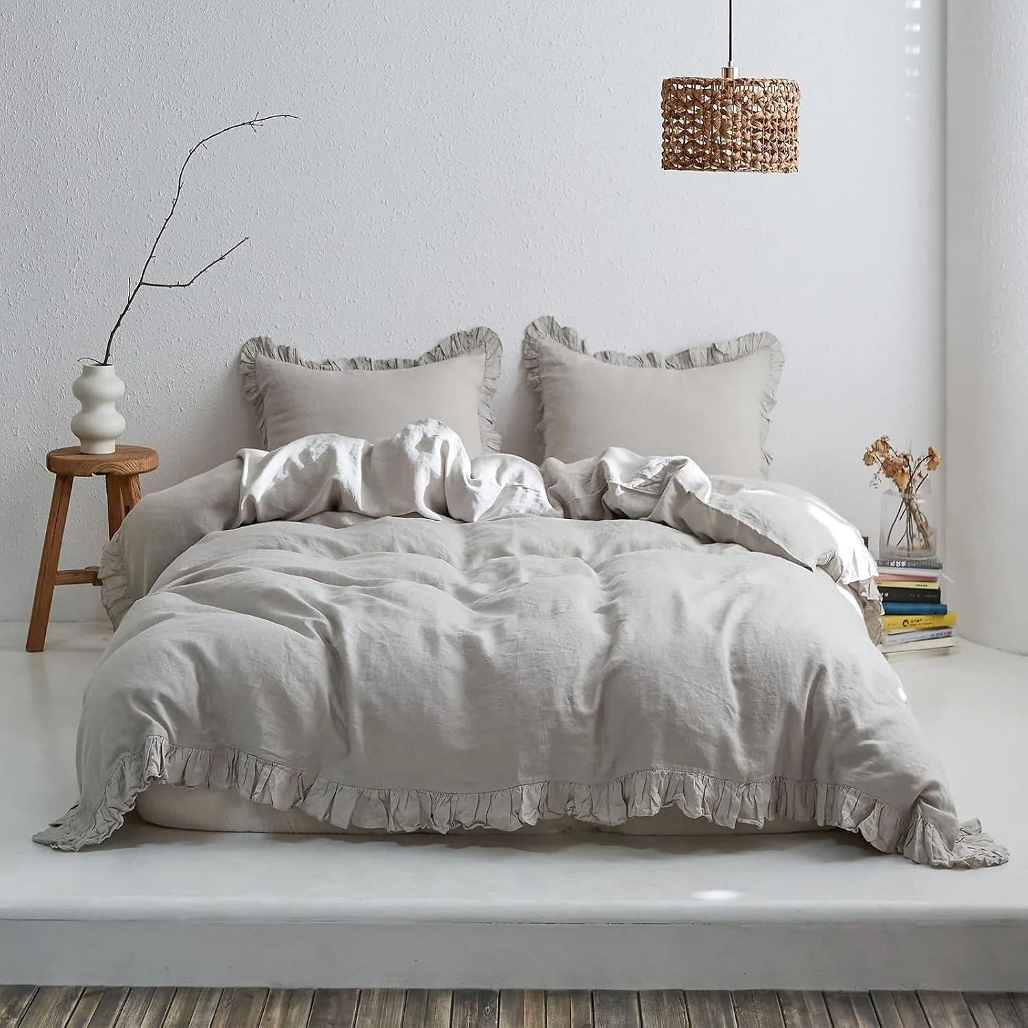 Simple&Opulence 100% Linen Duvet Cover Set, 3 PCS Natural French Flax Light Grey Ruffle Duvet Cover Full Size, Breathable Comfy Linen Bedding Comforter Cover with 2 Pillowcases (Light Grey, 78" X 86")