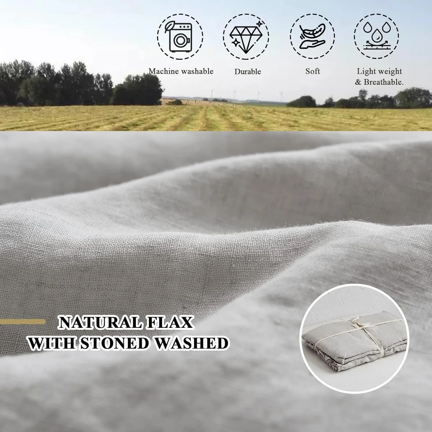 Simple&Opulence 100% Linen Duvet Cover Set, 3 PCS Natural French Flax Light Grey Ruffle Duvet Cover Full Size, Breathable Comfy Linen Bedding Comforter Cover with 2 Pillowcases (Light Grey, 78" X 86")