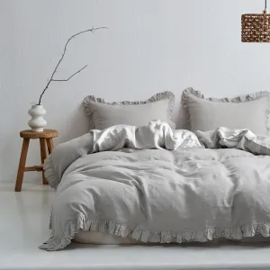 Simple&Opulence 100% Linen Duvet Cover Set, 3 PCS Natural French Flax Light Grey Ruffle Duvet Cover Full Size, Breathable Comfy Linen Bedding Comforter Cover with 2 Pillowcases (Light Grey, 78" X 86")