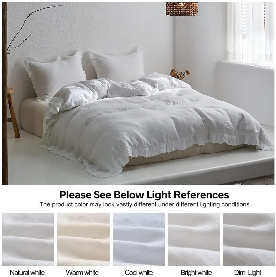 Simple&Opulence 100% Linen Duvet Cover Set, 3 PCS Natural French Flax White Ruffle Duvet Cover Full Size, Breathable Comfy Linen Bedding Comforter Cover with 2 Pillowcases (White, 78" X 86")
