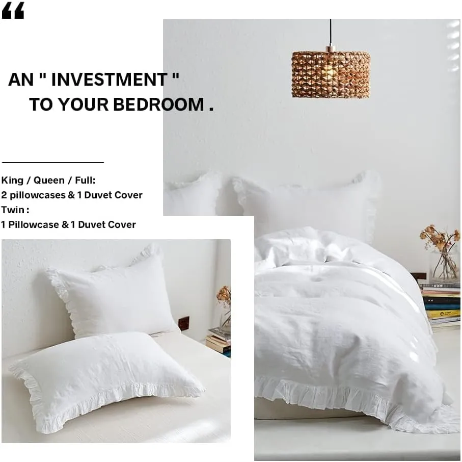 Simple&Opulence 100% Linen Duvet Cover Set, 3 PCS Natural French Flax White Ruffle Duvet Cover Full Size, Breathable Comfy Linen Bedding Comforter Cover with 2 Pillowcases (White, 78" X 86")