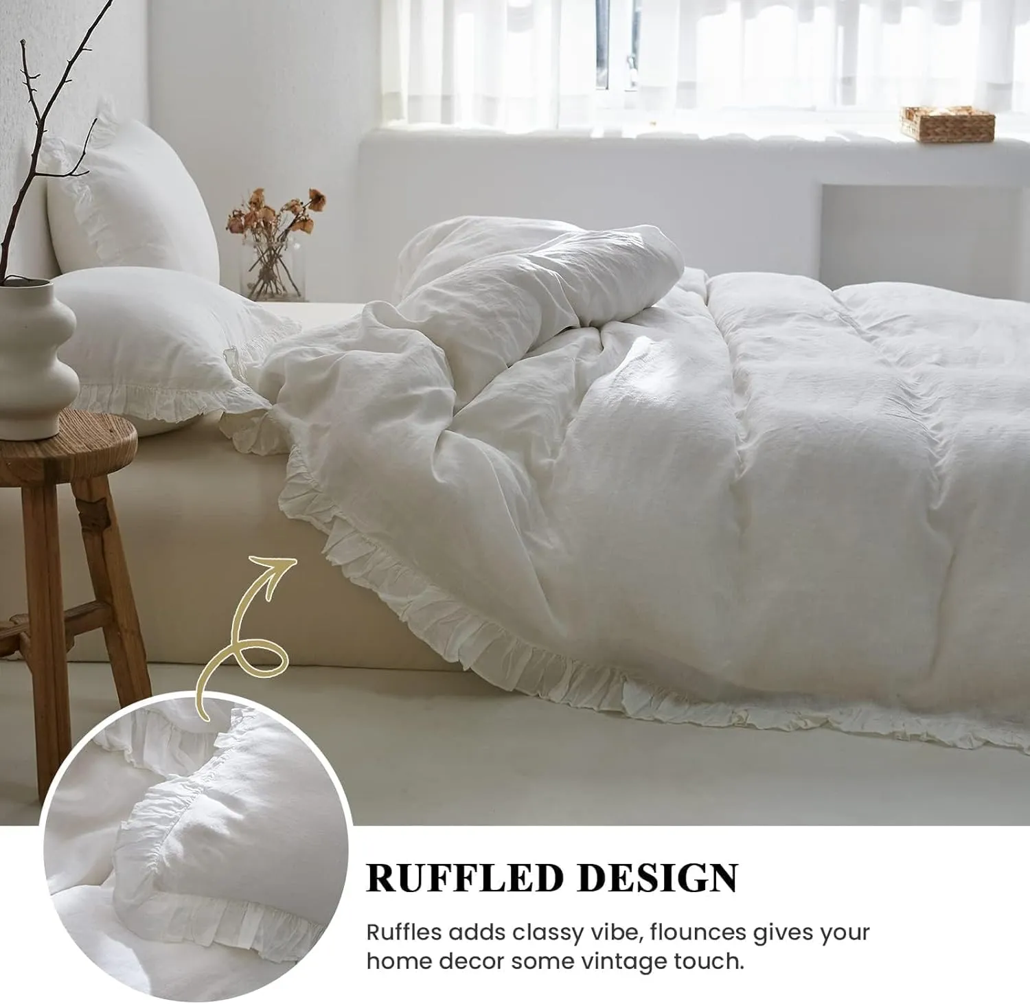 Simple&Opulence 100% Linen Duvet Cover Set, 3 PCS Natural French Flax White Ruffle Duvet Cover Full Size, Breathable Comfy Linen Bedding Comforter Cover with 2 Pillowcases (White, 78" X 86")