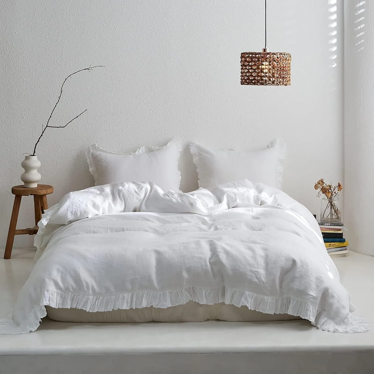 Simple&Opulence 100% Linen Duvet Cover Set, 3 PCS Natural French Flax White Ruffle Duvet Cover Full Size, Breathable Comfy Linen Bedding Comforter Cover with 2 Pillowcases (White, 78" X 86")