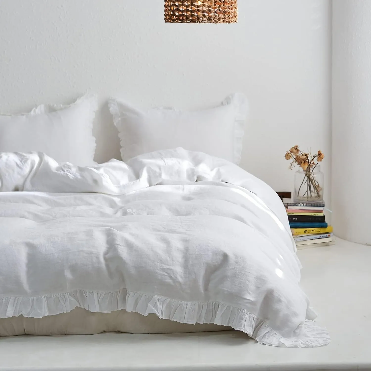 Simple&Opulence 100% Linen Duvet Cover Set, 3 PCS Natural French Flax White Ruffle Duvet Cover Full Size, Breathable Comfy Linen Bedding Comforter Cover with 2 Pillowcases (White, 78" X 86")