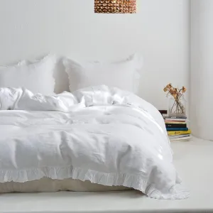 Simple&Opulence 100% Linen Duvet Cover Set, 3 PCS Natural French Flax White Ruffle Duvet Cover Full Size, Breathable Comfy Linen Bedding Comforter Cover with 2 Pillowcases (White, 78" X 86")