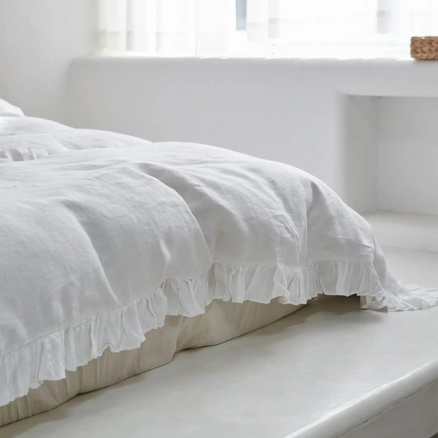 Simple&Opulence 100% Linen Duvet Cover Set, 3 PCS Natural French Flax White Ruffle Duvet Cover Full Size, Breathable Comfy Linen Bedding Comforter Cover with 2 Pillowcases (White, 78" X 86")