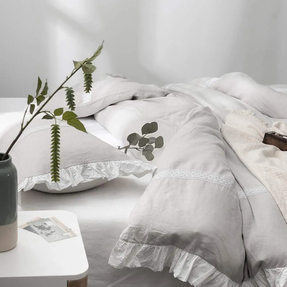 Simple&Opulence 100% Linen Duvet Cover Set (78"X86") Floral Flax Full Size, Shabby Chic Ruffle Edge Lace Insert Decoration, 3 Pcs Farmhouse Bedding-1 Comforter Cover 1 Pillow Shams, Floral Grey