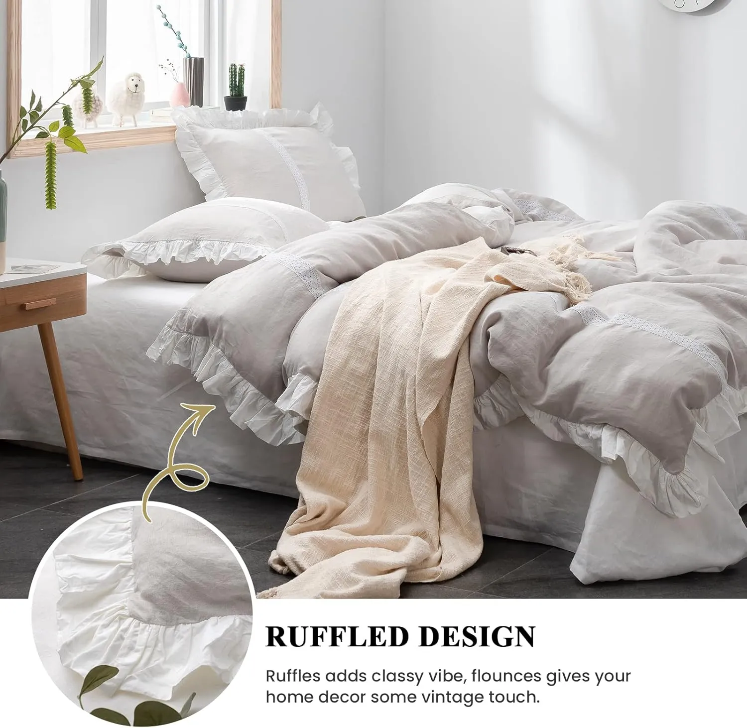 Simple&Opulence 100% Linen Duvet Cover Set (78"X86") Floral Flax Full Size, Shabby Chic Ruffle Edge Lace Insert Decoration, 3 Pcs Farmhouse Bedding-1 Comforter Cover 1 Pillow Shams, Floral Grey