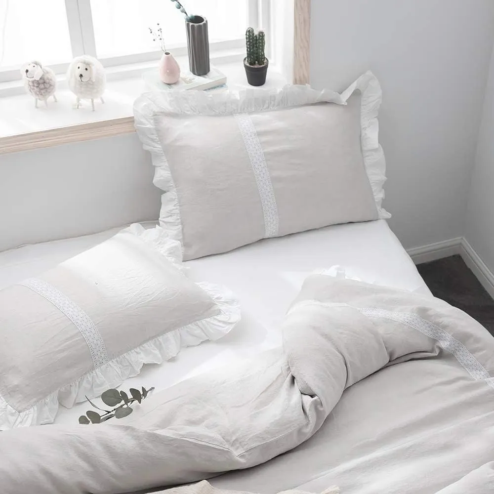 Simple&Opulence 100% Linen Duvet Cover Set (78"X86") Floral Flax Full Size, Shabby Chic Ruffle Edge Lace Insert Decoration, 3 Pcs Farmhouse Bedding-1 Comforter Cover 1 Pillow Shams, Floral Grey