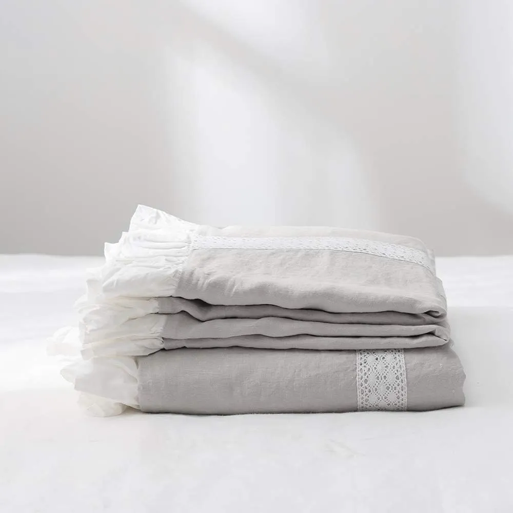 Simple&Opulence 100% Linen Duvet Cover Set (78"X86") Floral Flax Full Size, Shabby Chic Ruffle Edge Lace Insert Decoration, 3 Pcs Farmhouse Bedding-1 Comforter Cover 1 Pillow Shams, Floral Grey