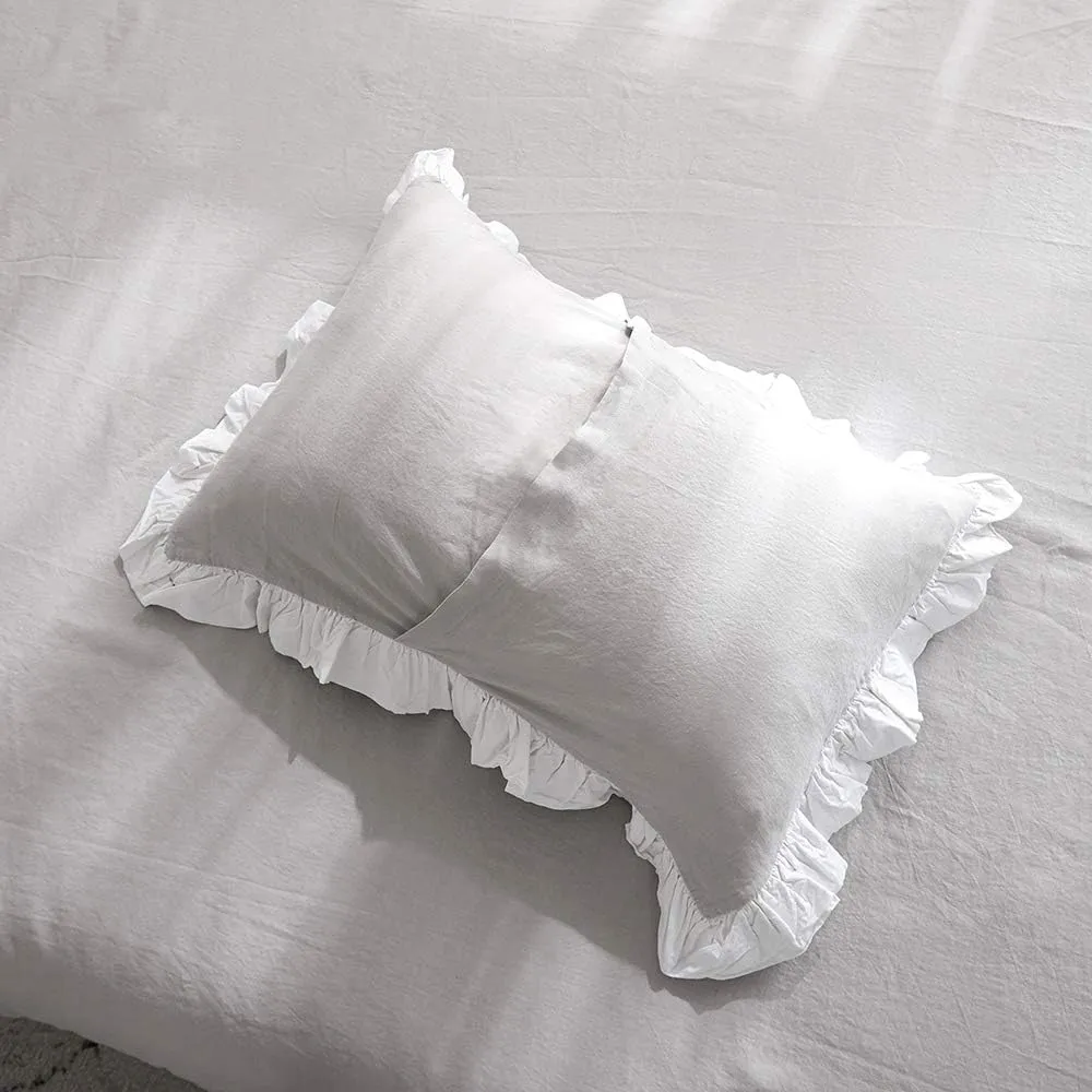 Simple&Opulence 100% Linen Duvet Cover Set (78"X86") Floral Flax Full Size, Shabby Chic Ruffle Edge Lace Insert Decoration, 3 Pcs Farmhouse Bedding-1 Comforter Cover 1 Pillow Shams, Floral Grey