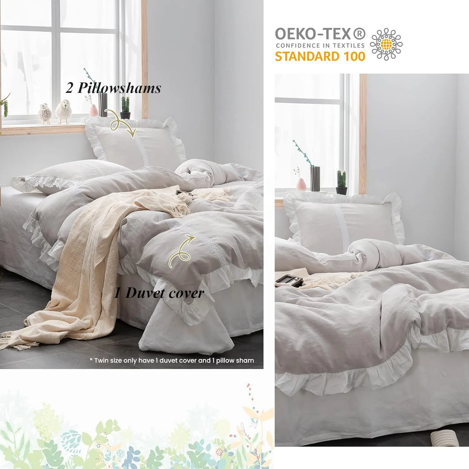 Simple&Opulence 100% Linen Duvet Cover Set (78"X86") Floral Flax Full Size, Shabby Chic Ruffle Edge Lace Insert Decoration, 3 Pcs Farmhouse Bedding-1 Comforter Cover 1 Pillow Shams, Floral Grey