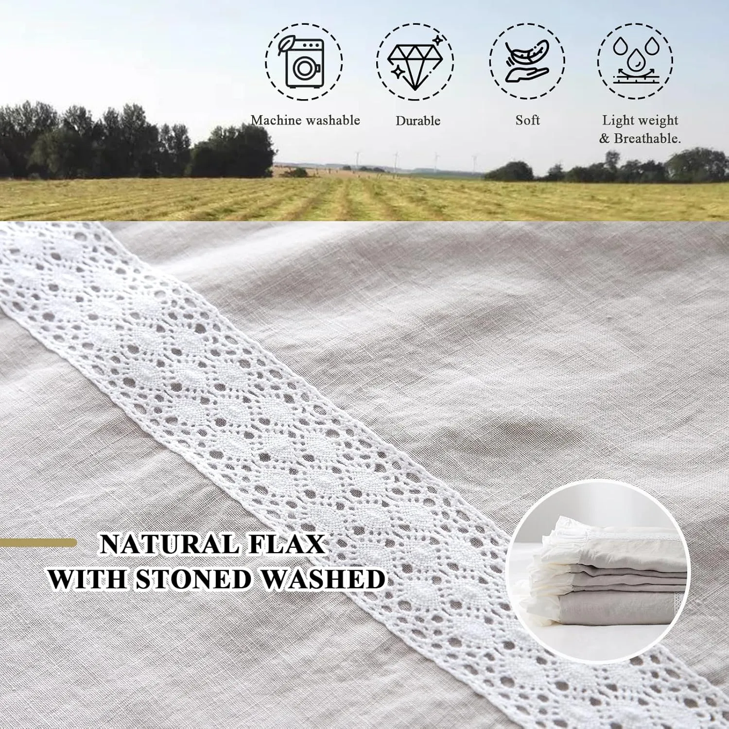 Simple&Opulence 100% Linen Duvet Cover Set (78"X86") Floral Flax Full Size, Shabby Chic Ruffle Edge Lace Insert Decoration, 3 Pcs Farmhouse Bedding-1 Comforter Cover 1 Pillow Shams, Floral Grey