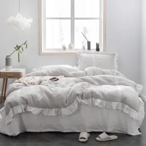 Simple&Opulence 100% Linen Duvet Cover Set (78"X86") Floral Flax Full Size, Shabby Chic Ruffle Edge Lace Insert Decoration, 3 Pcs Farmhouse Bedding-1 Comforter Cover 1 Pillow Shams, Floral Grey