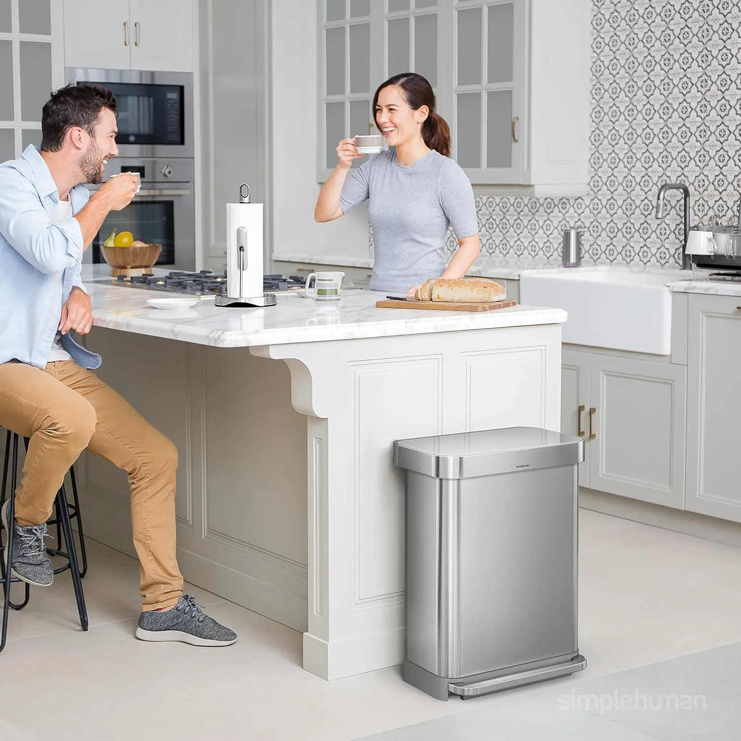 simplehuman 55 Liter / 14.5 Gallon Rectangular Hands-Free Kitchen Step Trash Can with Soft-Close Lid, Brushed Stainless Steel