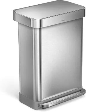 simplehuman 55 Liter / 14.5 Gallon Rectangular Hands-Free Kitchen Step Trash Can with Soft-Close Lid, Brushed Stainless Steel