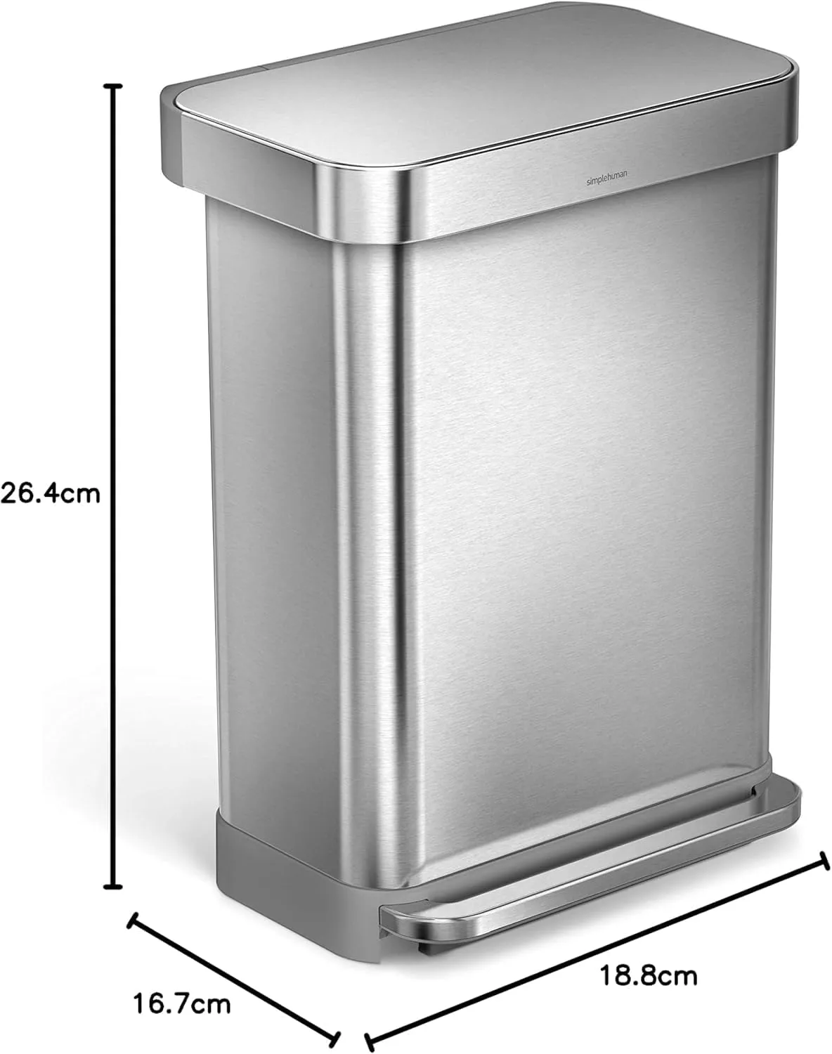 simplehuman 55 Liter / 14.5 Gallon Rectangular Hands-Free Kitchen Step Trash Can with Soft-Close Lid, Brushed Stainless Steel