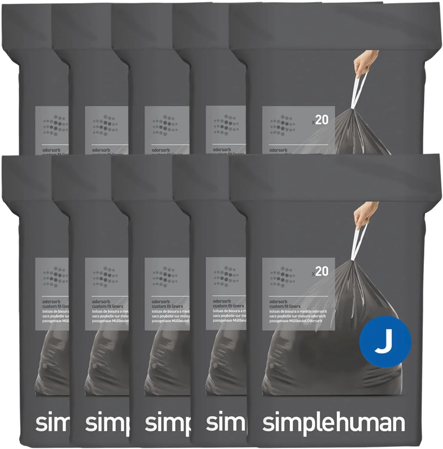 simplehuman Code J 200 Count, Genuine Odorsorb Custom Fit Liners, Drawstring Odor Absorbing Trash Bags in Dispenser Packs, 30-45 Liter / 8-12 Gallon
