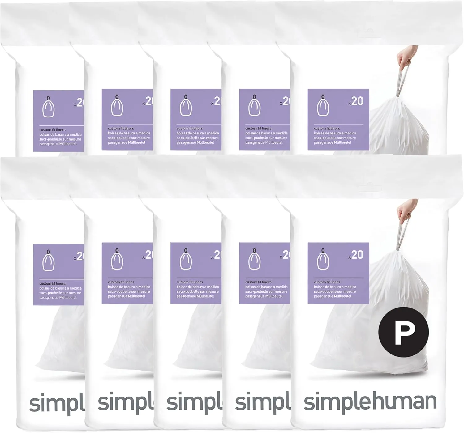simplehuman Code P 200 Count, Dispenser Pack Custom Fit Liners, Drawstring Trash Bags, 50-60 Liter / 13-16 Gallon