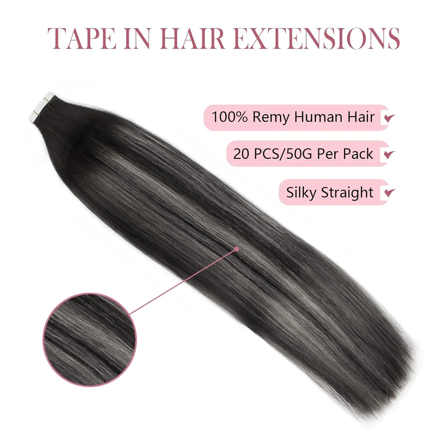 Sixstarhair Balayage Tape in Hair Extensions Human Hair Off Black to Silver White with Black Tape in Hair Extensions Remy Human Hair Ombre Tape Hair Extensions 20pcs 50g [Color 1BT1B-silver# 14inch]