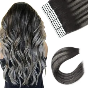 Sixstarhair Balayage Tape in Hair Extensions Human Hair Off Black to Silver White with Black Tape in Hair Extensions Remy Human Hair Ombre Tape Hair Extensions 20pcs 50g [Color 1BT1B-silver# 14inch]