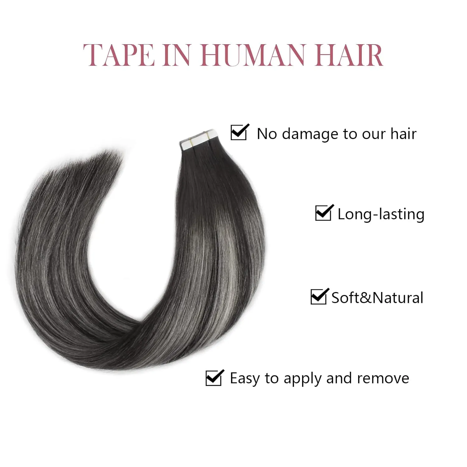Sixstarhair Balayage Tape in Hair Extensions Human Hair Off Black to Silver White with Black Tape in Hair Extensions Remy Human Hair Ombre Tape Hair Extensions 20pcs 50g [Color 1BT1B-silver# 14inch]