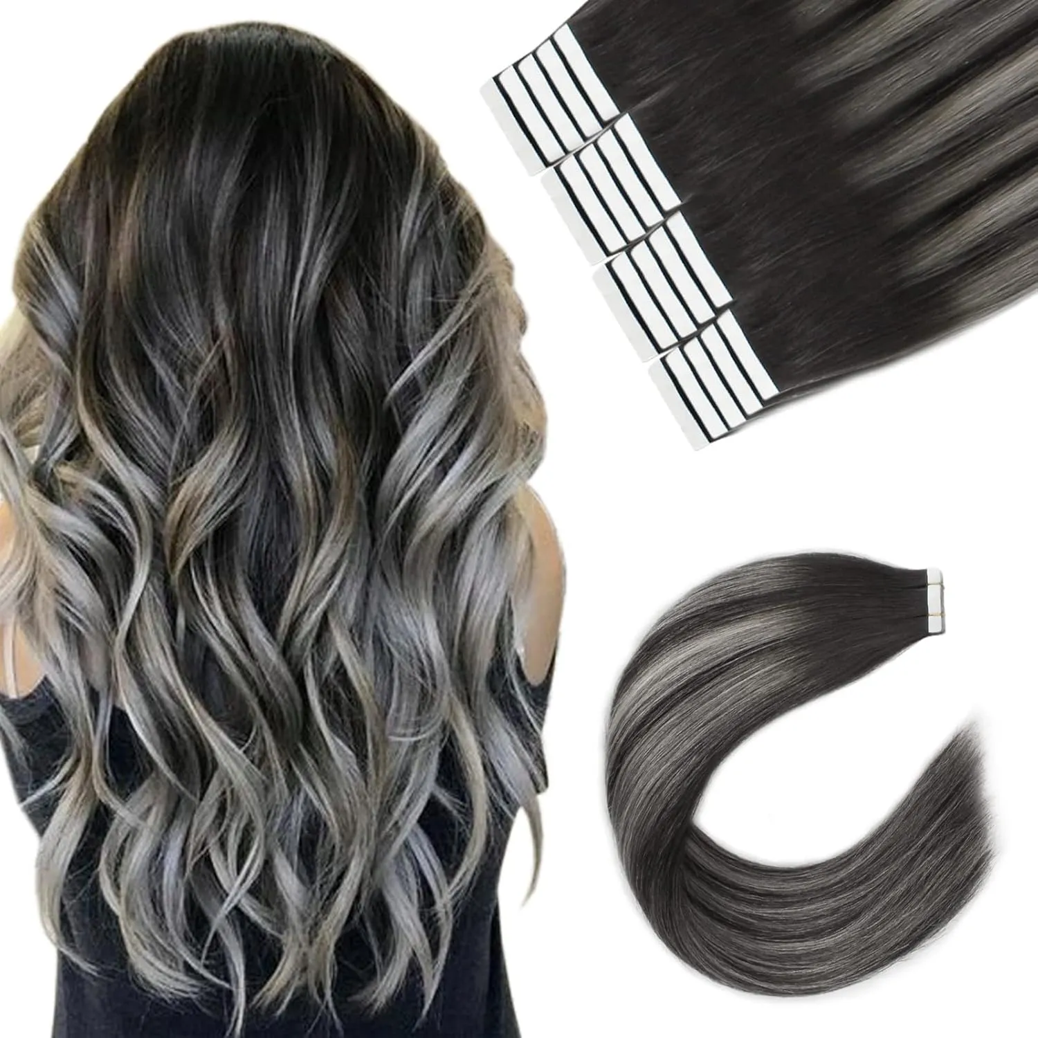 Sixstarhair Balayage Tape in Hair Extensions Human Hair Off Black to Silver White with Black Tape in Hair Extensions Remy Human Hair Ombre Tape Hair Extensions 20pcs 50g [Color 1BT1B-silver# 14inch]