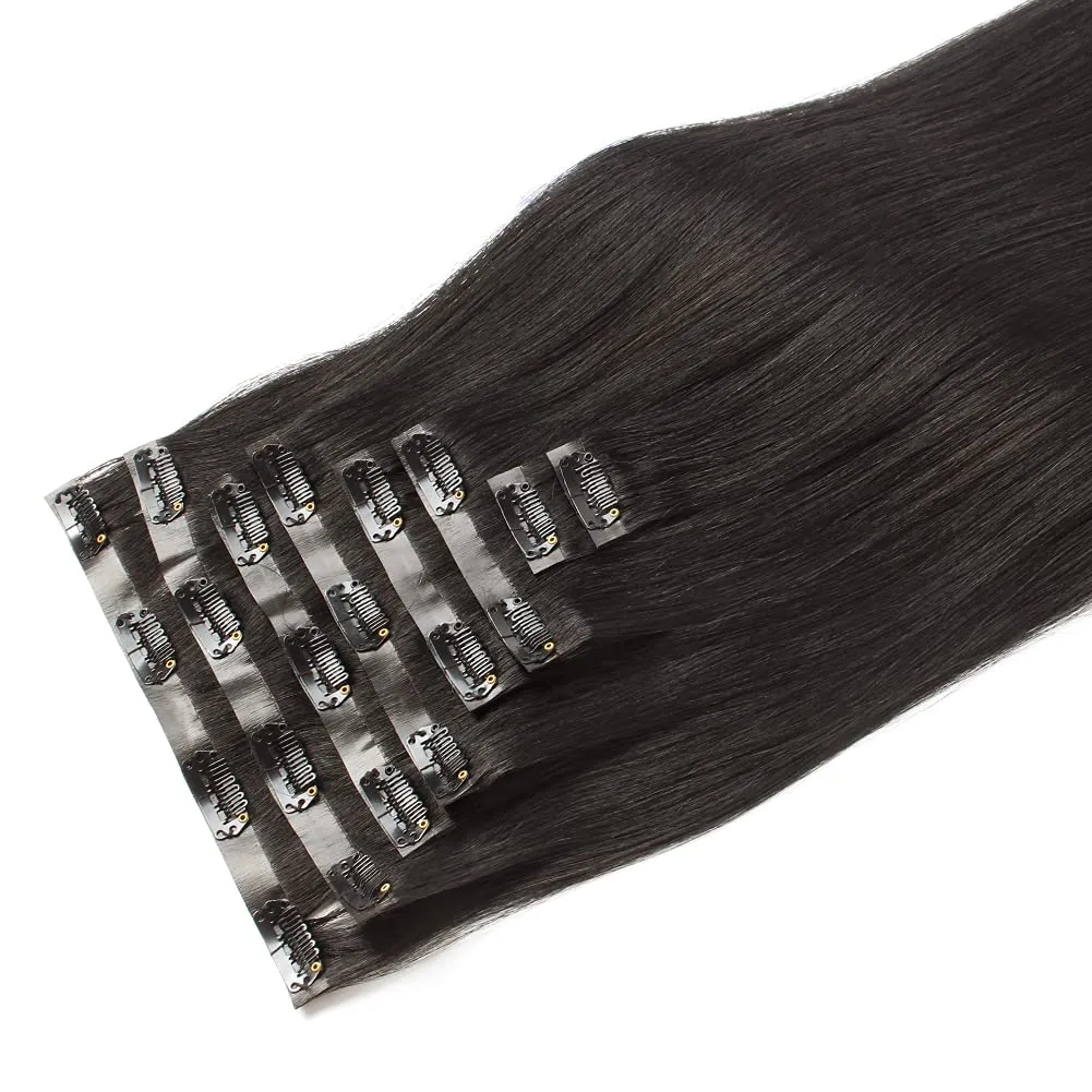 Sixstarhair Hair Extensions Clip In Human Hair Brown Black Hair Extensions 16Inch Real Human Hair Straight Thick Hair 120g pack with 8 Pieces Clips In Wefts