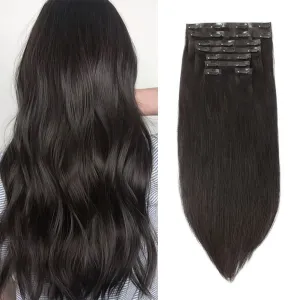 Sixstarhair Hair Extensions Clip In Human Hair Brown Black Hair Extensions 16Inch Real Human Hair Straight Thick Hair 120g pack with 8 Pieces Clips In Wefts