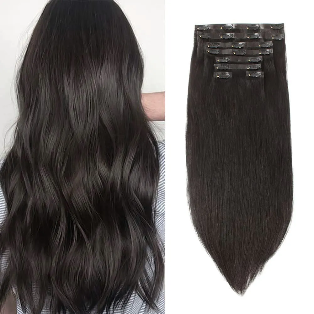 Sixstarhair Hair Extensions Clip In Human Hair Brown Black Hair Extensions 16Inch Real Human Hair Straight Thick Hair 120g pack with 8 Pieces Clips In Wefts