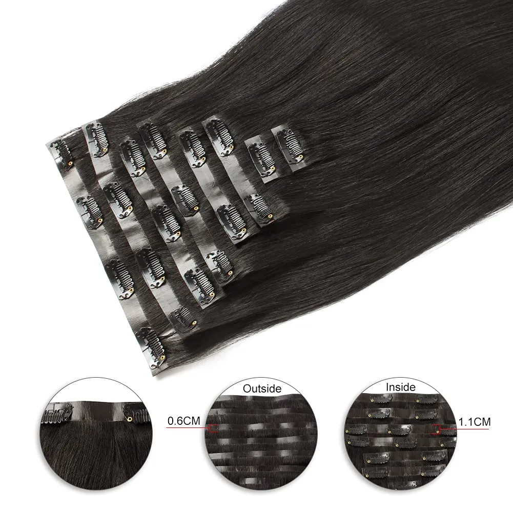 Sixstarhair Hair Extensions Clip In Human Hair Brown Black Hair Extensions 16Inch Real Human Hair Straight Thick Hair 120g pack with 8 Pieces Clips In Wefts