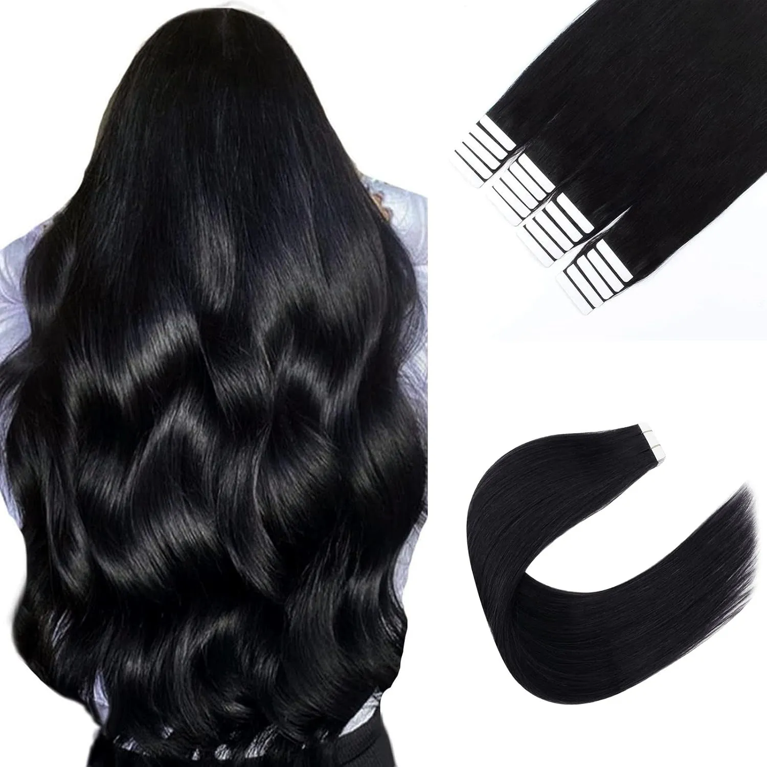 Sixstarhair Jet Black Tape In Hair Extensions Human Hair 20 Pieces Natural Black Hair Extensions Made of 100 Remy Human Hair and Double Side Tape [Color 1 Jet Black 14inch]