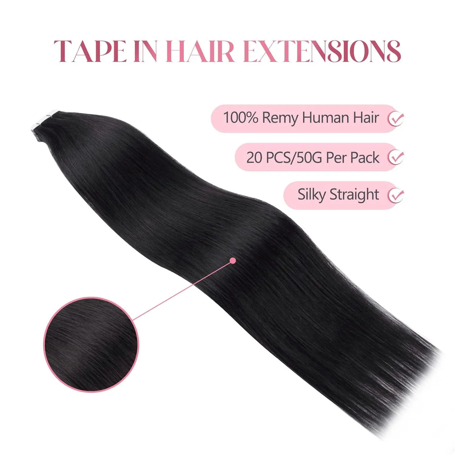 Sixstarhair Jet Black Tape In Hair Extensions Human Hair 20 Pieces Natural Black Hair Extensions Made of 100 Remy Human Hair and Double Side Tape [Color 1 Jet Black 14inch]
