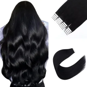 Sixstarhair Jet Black Tape In Hair Extensions Human Hair 20 Pieces Natural Black Hair Extensions Made of 100 Remy Human Hair and Double Side Tape [Color 1 Jet Black 14inch]