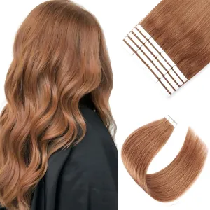 Sixstarhair Medium Auburn Tape in Hair Extensions Remy Human Hair Tape in Hair Extensions with Double Sided Tape for women [Color 30 Medium Auburn 18inch]